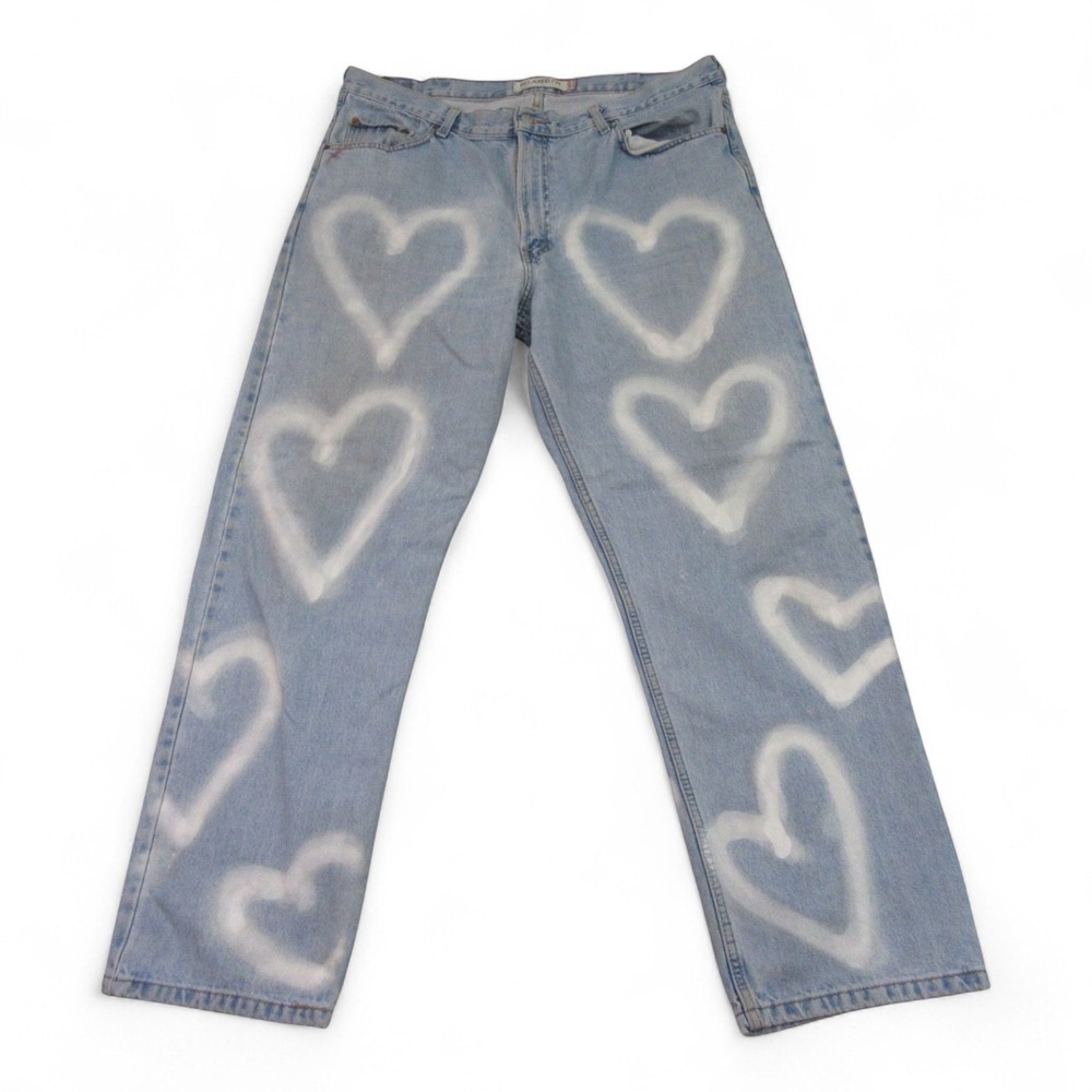 Levis Mens 550 Relaxed Fit Jeans 40 x 32 Light Blue Customized Painted Hearts